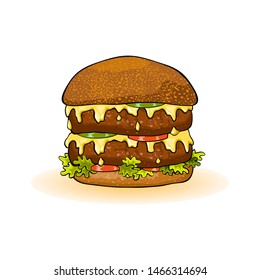 Big double burger with slices of beef patties, melted cheese, juicy red tomatoes, cucumber, lettuce, sauce, onions, mustard. All served in toasted bun. Fast food. Vector cartoon icon isolated on white