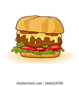 Big double burger with slices of beef patties, melted cheese, juicy red tomatoes, cucumber, lettuce, sauce, onions, mustard. All served in toasted bun. Fast food. Vector cartoon icon isolated on white