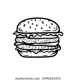 big double cheese burger line art style sketch classic vintage design illustration