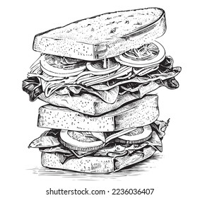 Big double sandwich hand drawn sketch food Restaurant business concept.Vector illustration.