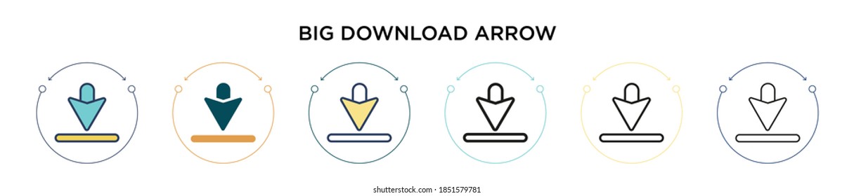 Big download arrow icon in filled, thin line, outline and stroke style. Vector illustration of two colored and black big download arrow vector icons designs can be used for mobile, ui, web