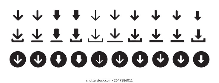 Conjunto de ícones de Download Grande. Coleção de botões de download. Ícone de download de software . Conjunto de ícones da Web. Ícone de download de seta. Ilustração vetorial