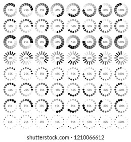 Big download signs pack isolated. Load icon. Data loading bars with percentage. Vector stock illustration