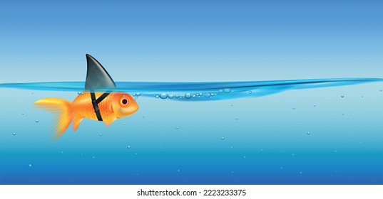 Big dream cartoon realistic composition depicting little golden fish with shark fin strapped on vector illustration