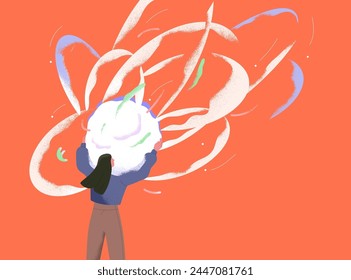 Big dream, inspiration and creativity, abstract psychology concept. Character holding glowing sphere, light ball. Energy, power of imagination, insight. Mental psychological flat vector illustration