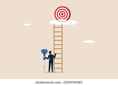 Big dreams aim high, challenge to succeed in business, motivation to achieve success target, ambitious businessman holding arrow towards target above clouds.