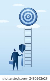 Big dreams, ladder to success. Challenge to succeed in business, motivation to achieve success target, ambitious businessman holding dart arrow towards target above clouds. Goals and opportunities.