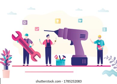 Big drill and team of servicemen in uniform. Group of repairman with various tools. Repair service, banner template. Male workers and toolbox nearby in trendy style. Flat vector illustration svg