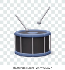 Big drum with drumsticks. Vector percussion instrument in realistic style