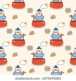 Big duck and red ship cartoon so cute. On mountain cloud sun background. Pattern seamless vector illustration. 
