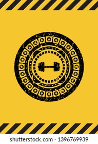 big dumbbell icon black grunge emblem with yellow background. Vector Illustration. Detailed.