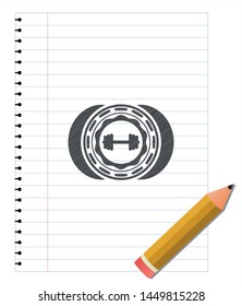 big dumbbell icon emblem draw with pencil effect. Vector Illustration. Detailed.
