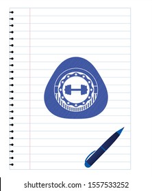 big dumbbell icon emblem drawn with pen. Blue ink. Vector Illustration. Detailed.