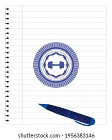 big dumbbell icon emblem drawn with pen. Blue ink. Vector Illustration. Detailed. 