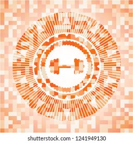 big dumbbell icon inside abstract emblem, orange mosaic background