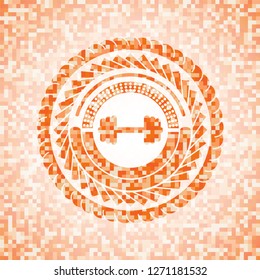 big dumbbell icon inside abstract emblem, orange mosaic background