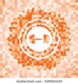 big dumbbell icon inside abstract orange mosaic emblem