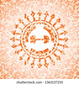 big dumbbell icon inside abstract orange mosaic emblem with background