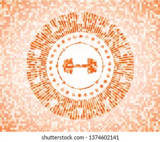 big dumbbell icon inside abstract orange mosaic emblem