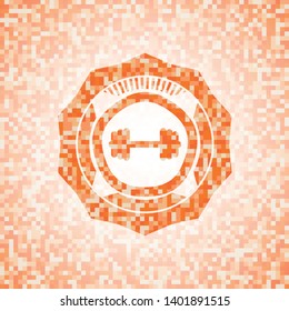 big dumbbell icon inside abstract orange mosaic emblem