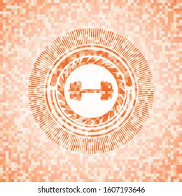 big dumbbell icon inside abstract emblem, orange mosaic background