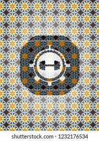 big dumbbell icon inside arabesque badge background. arabic decoration.