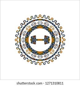 big dumbbell icon inside arabesque emblem background. arabic decoration.
