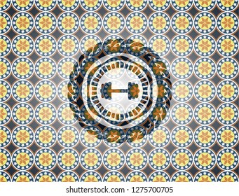big dumbbell icon inside arabesque style badge. arabic decoration.