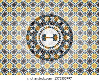 big dumbbell icon inside arabesque emblem background. arabic decoration.