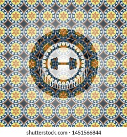 big dumbbell icon inside arabesque emblem background. arabic decoration.