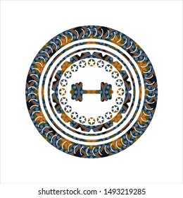 big dumbbell icon inside arabesque emblem background. arabic decoration.