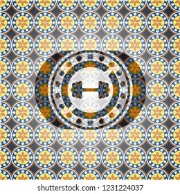 big dumbbell icon inside arabic badge background. Arabesque decoration.