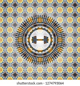 big dumbbell icon inside arabic emblem. Arabesque decoration.