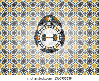 big dumbbell icon inside arabic emblem background. Arabesque decoration.