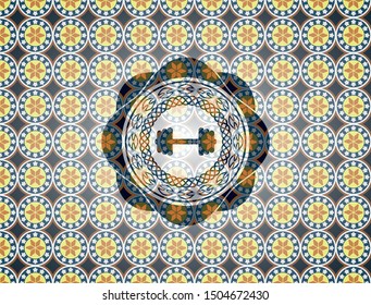 big dumbbell icon inside arabic emblem. Arabesque decoration.