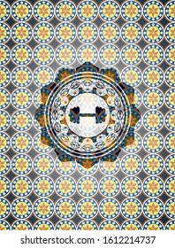 big dumbbell icon inside arabic emblem background. Arabesque decoration.