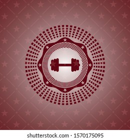 big dumbbell icon inside badge with red background