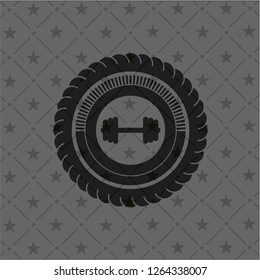 big dumbbell icon inside black emblem. Vintage.