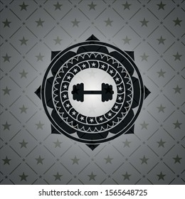 big dumbbell icon inside black emblem. Vintage.