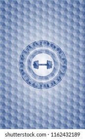 big dumbbell icon inside blue emblem or badge with abstract geometric pattern background.