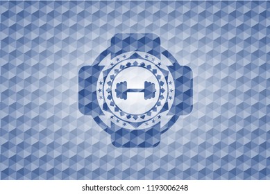 big dumbbell icon inside blue emblem or badge with abstract geometric polygonal pattern background.