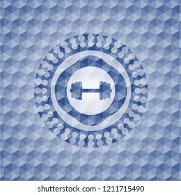 big dumbbell icon inside blue emblem with geometric background.