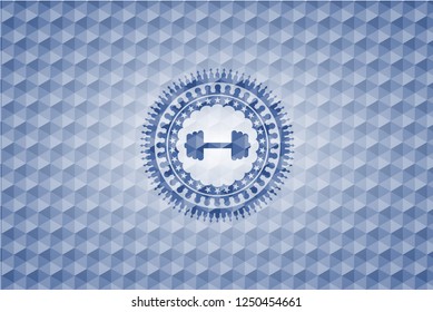big dumbbell icon inside blue badge with geometric pattern.