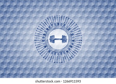 big dumbbell icon inside blue badge with geometric background.