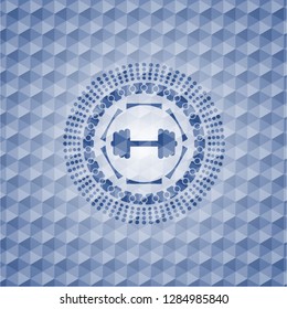 big dumbbell icon inside blue badge with geometric pattern background.