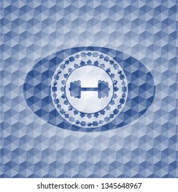 big dumbbell icon inside blue emblem with geometric pattern.