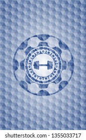 big dumbbell icon inside blue badge with geometric pattern.