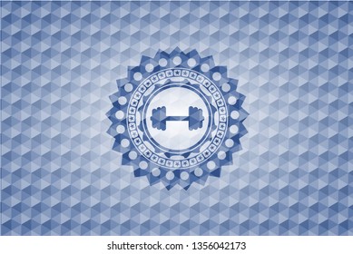 big dumbbell icon inside blue hexagon badge.