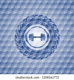 big dumbbell icon inside blue polygonal emblem.