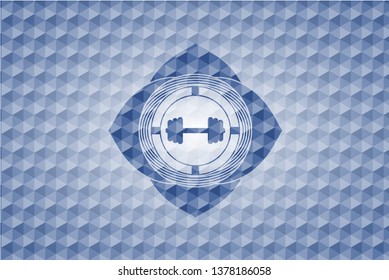 big dumbbell icon inside blue emblem with geometric pattern background.